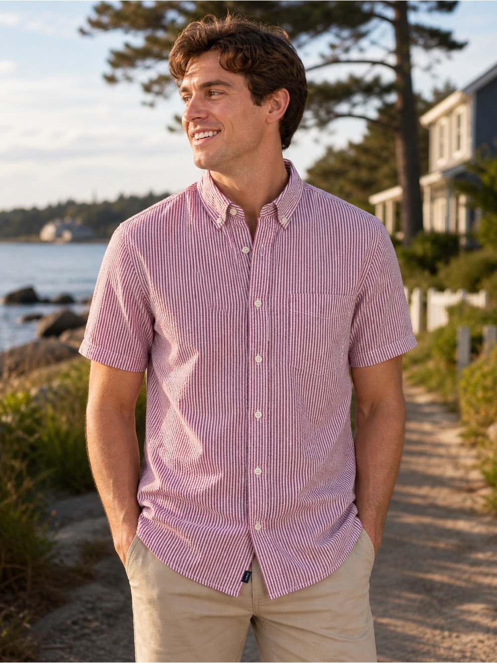 GAP Men’s Red White Seersucker Button Down Shirt Medium Summer Casual